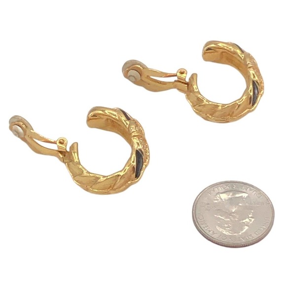 Swarovski Brand Gold Plated Black Enamel Clear Crystal Hoop Clip-On Earrings - Picture 6 of 9